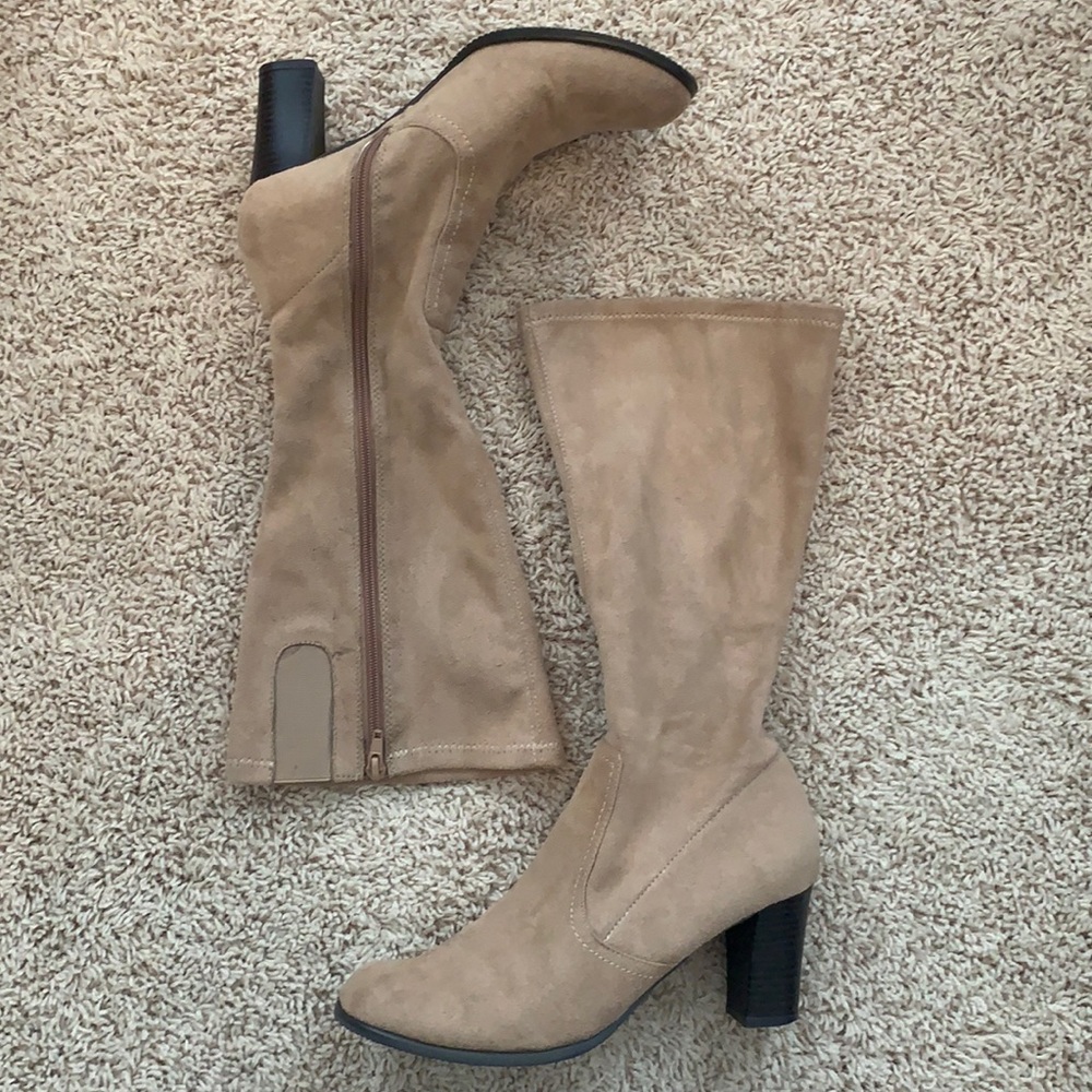 Tan Suede-style Tall Heeled Boots Sz 8